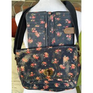 Cath Kidston Floral Navy Blue Shoulder Bag & Matching Wallet Made n England 2fer